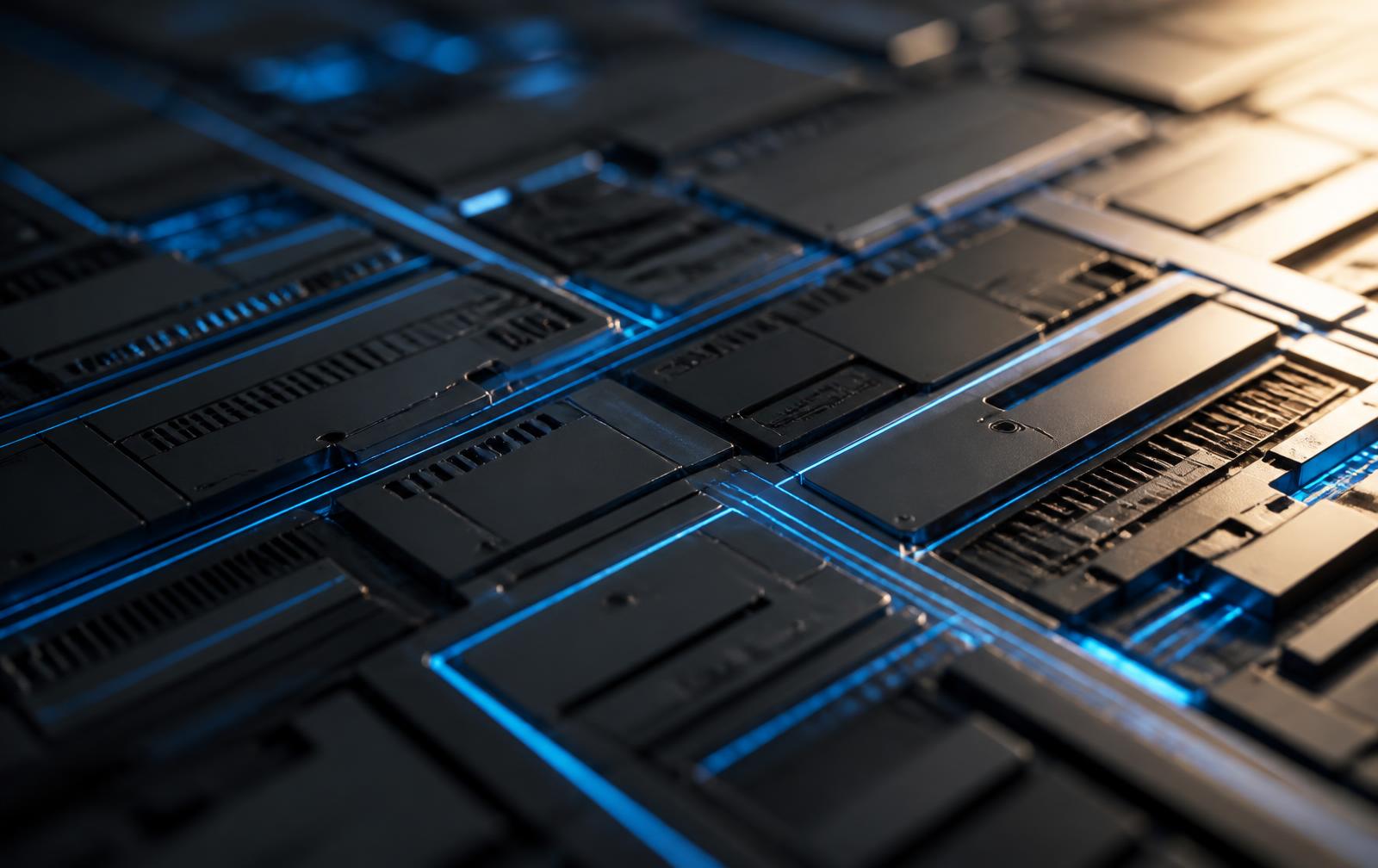 Abstract illustration of digital infrastructure: dark machined panels traced with electric blue circuit lines