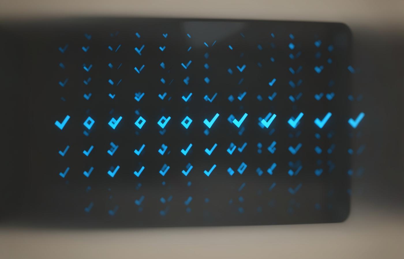 Abstract grid of illuminated blue check marks on dark glass, representing automated test verification