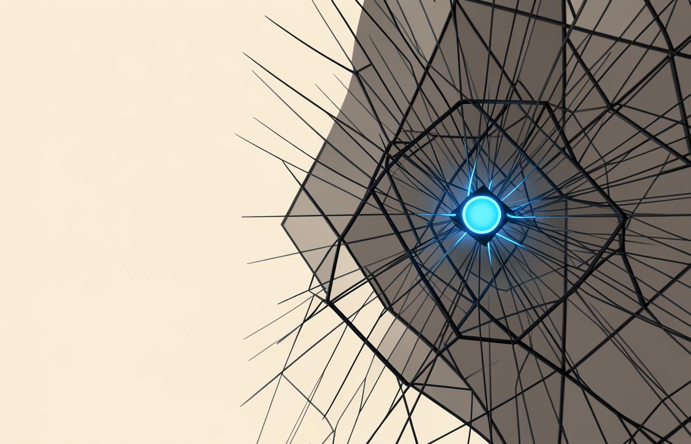 Abstract security concept: dark geometric lattice with a single glowing blue node radiating connections