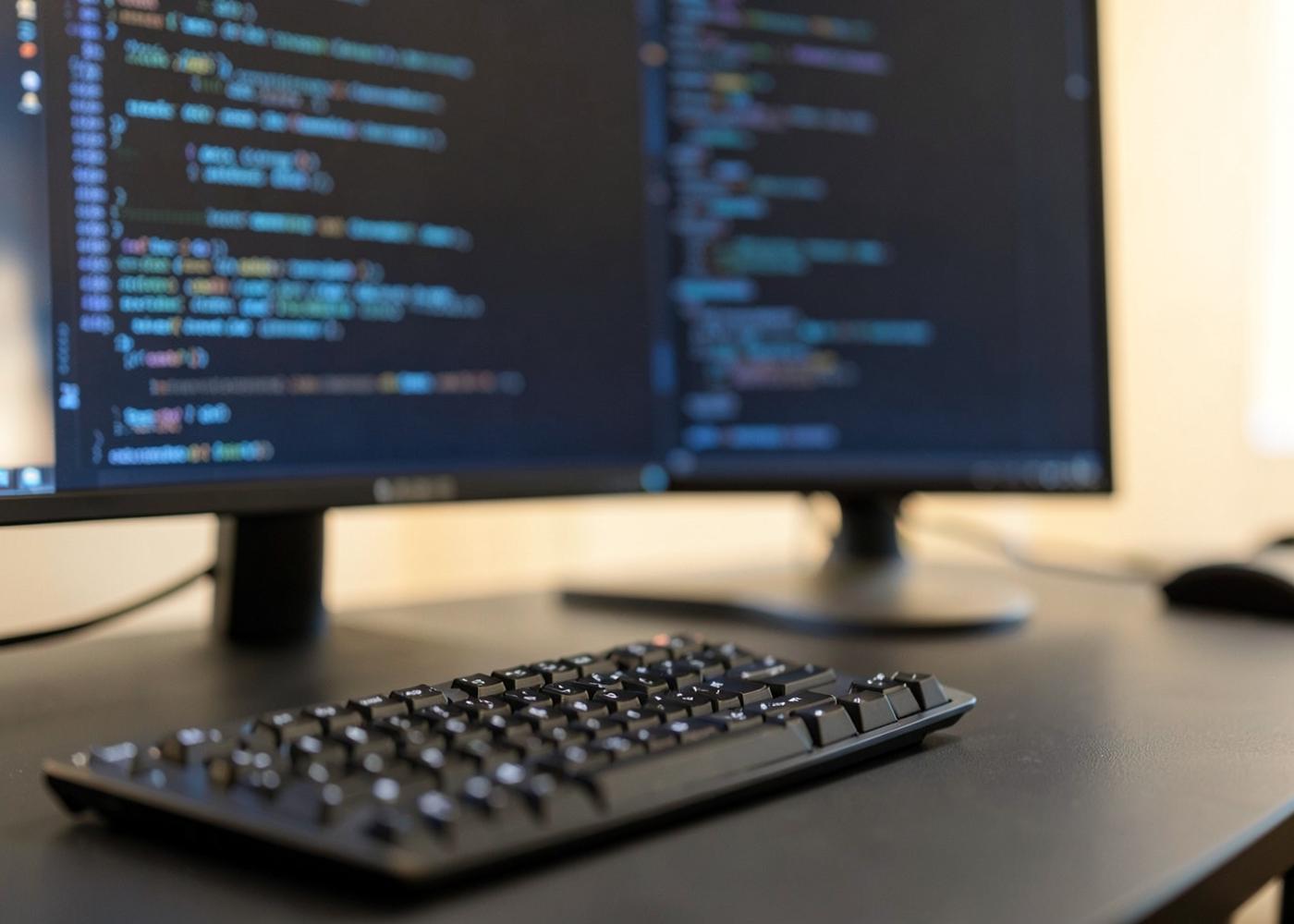 Technology workspace with a keyboard and monitors displaying source code in a development editor